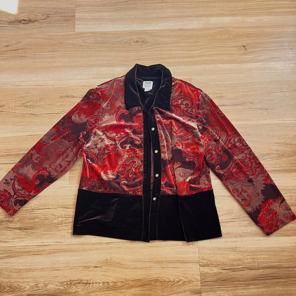 VTG R&M Richards Red & Black Velvet Paisley Burnout Button Up Jacket Size 16W